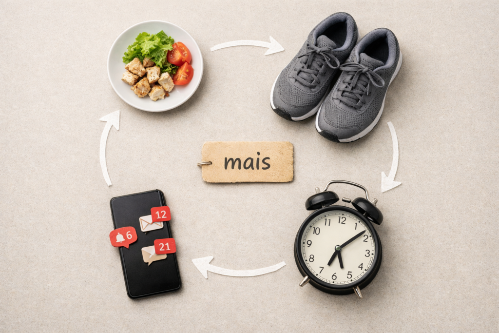 Flat lay com prato leve, tênis, despertador e celular com notificações em ciclo, ilustrando o impulso de fazer mais para emagrecer após os 40.