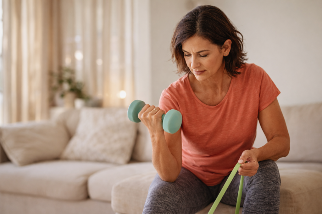 Mulher acima dos 40 realizando exercício de força leve em casa, representando cuidado com o metabolismo e equilíbrio do estresse