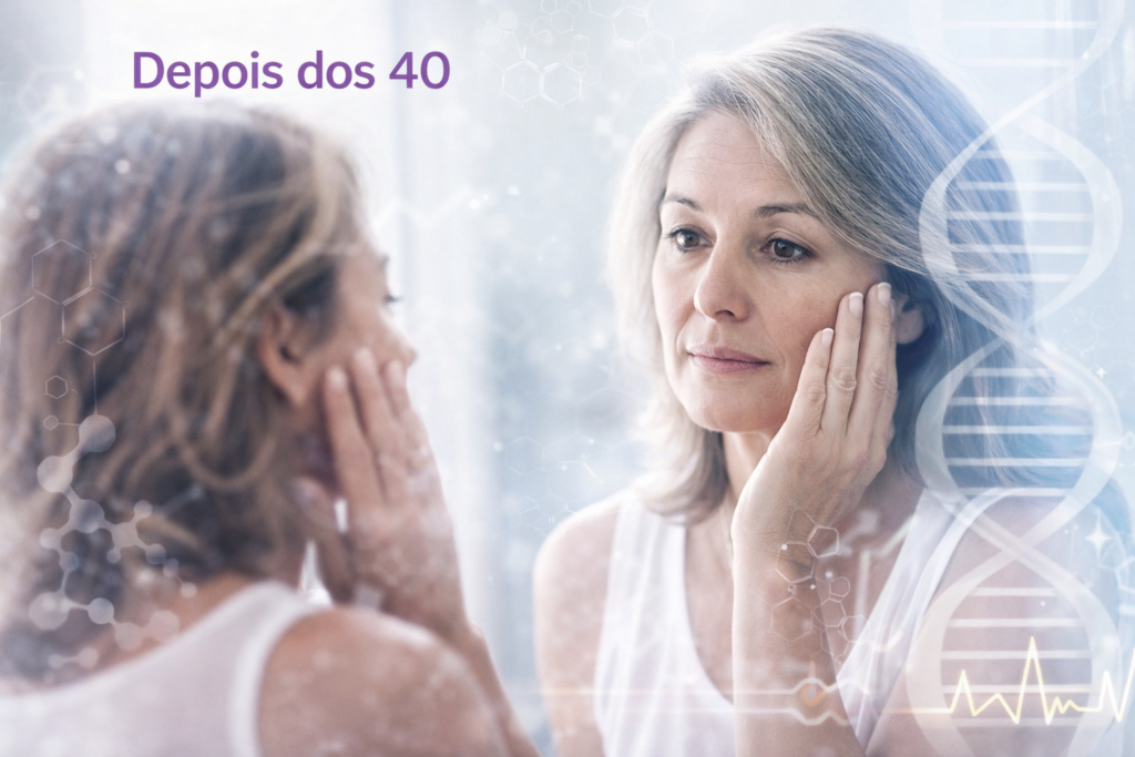 Mulher de cerca de 45 anos, expressão serena e confiante, em ambiente claro e natural, representando as mudanças do corpo feminino após os 40 com equilíbrio e respeito.
