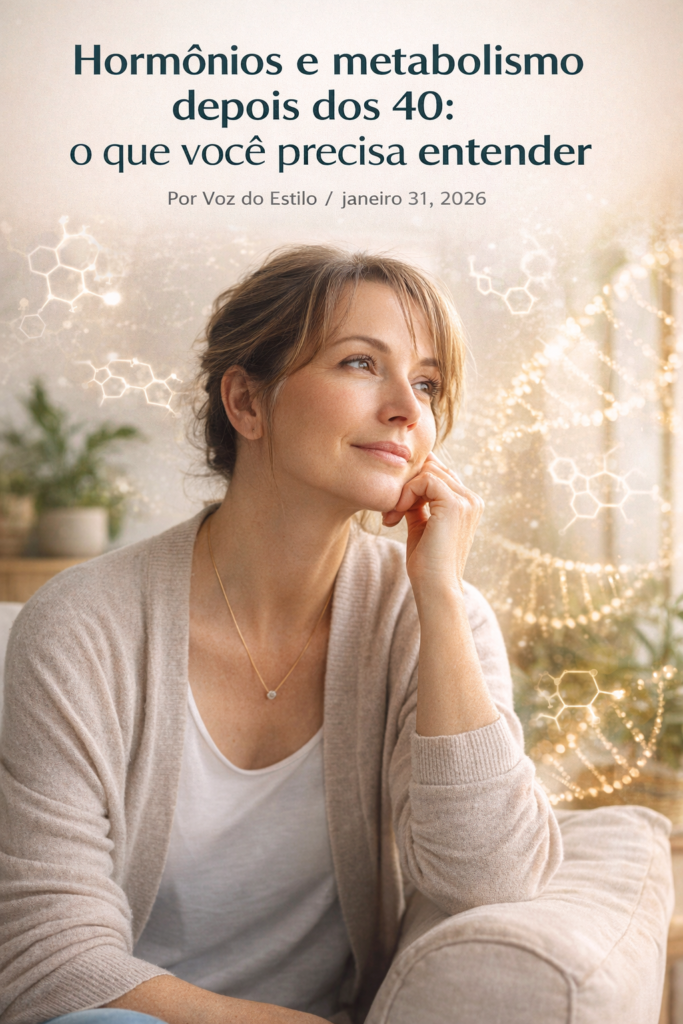 Mulher adulta em momento de pausa e reflexão, representando as mudanças hormonais e metabólicas após os 40 anos.
