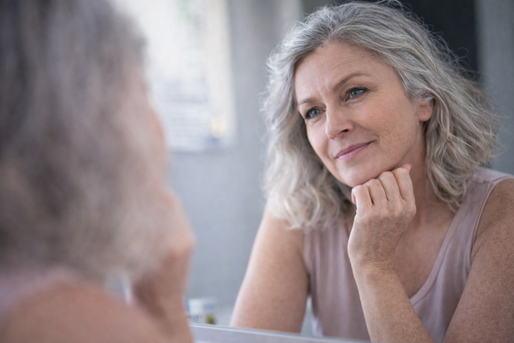 Mulher madura em ambiente calmo e iluminado, representando equilíbrio e atenção aos sinais do corpo durante a perimenopausa.